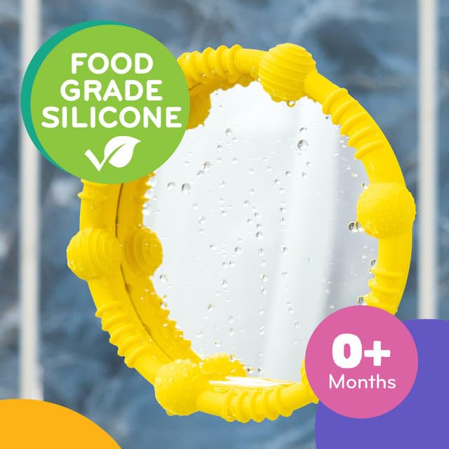 MÖBI Lookee baby stick mirror showcases a shatterproof surface for safe bath play.