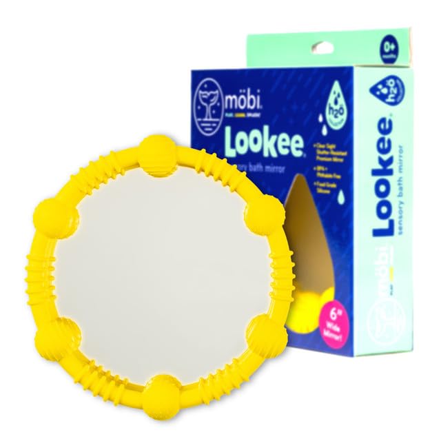 MÖBI Lookee sensory bath mirror reflects curious kids to inspire bath-time exploration.