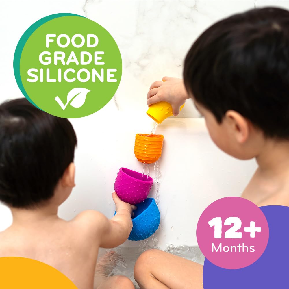 Mobi Oomplz stackable cups shown for nesting during bath time.