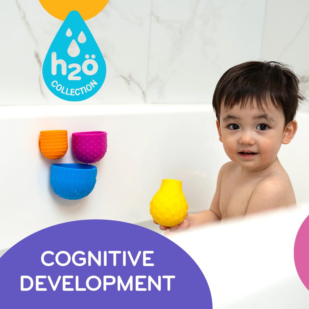 Mobi Oomplz suction cups attach to tub wall for easy reach and independent play.