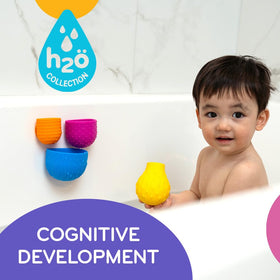 Mobi Oomplz suction cups attach to tub wall for easy reach and independent play.