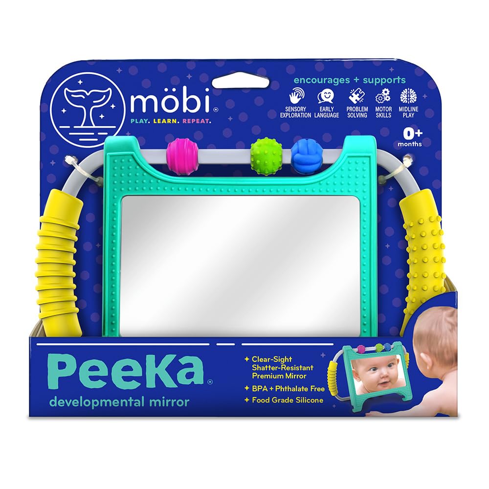MÖBI Mobi Peeka mirror in stand mode encourages baby visual focus during tummy time.