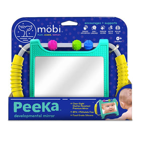 MÖBI Mobi Peeka mirror in stand mode encourages baby visual focus during tummy time.