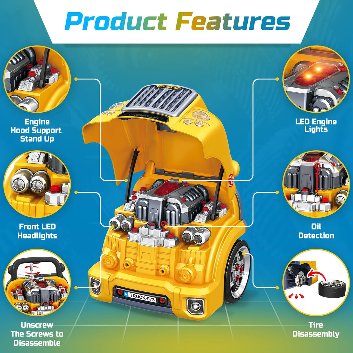 Mobius Toys Motor Engine Playset illuminated dashboard and headlights enhance pretend play realism.