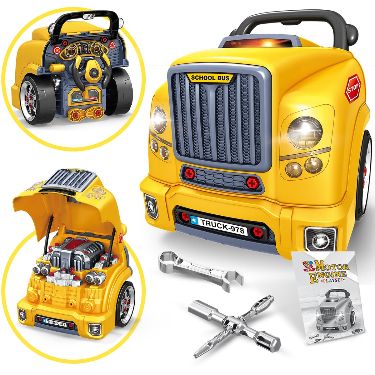 Mobius Toys Motor Engine Playset with hood open for hands-on exploration of engine components.