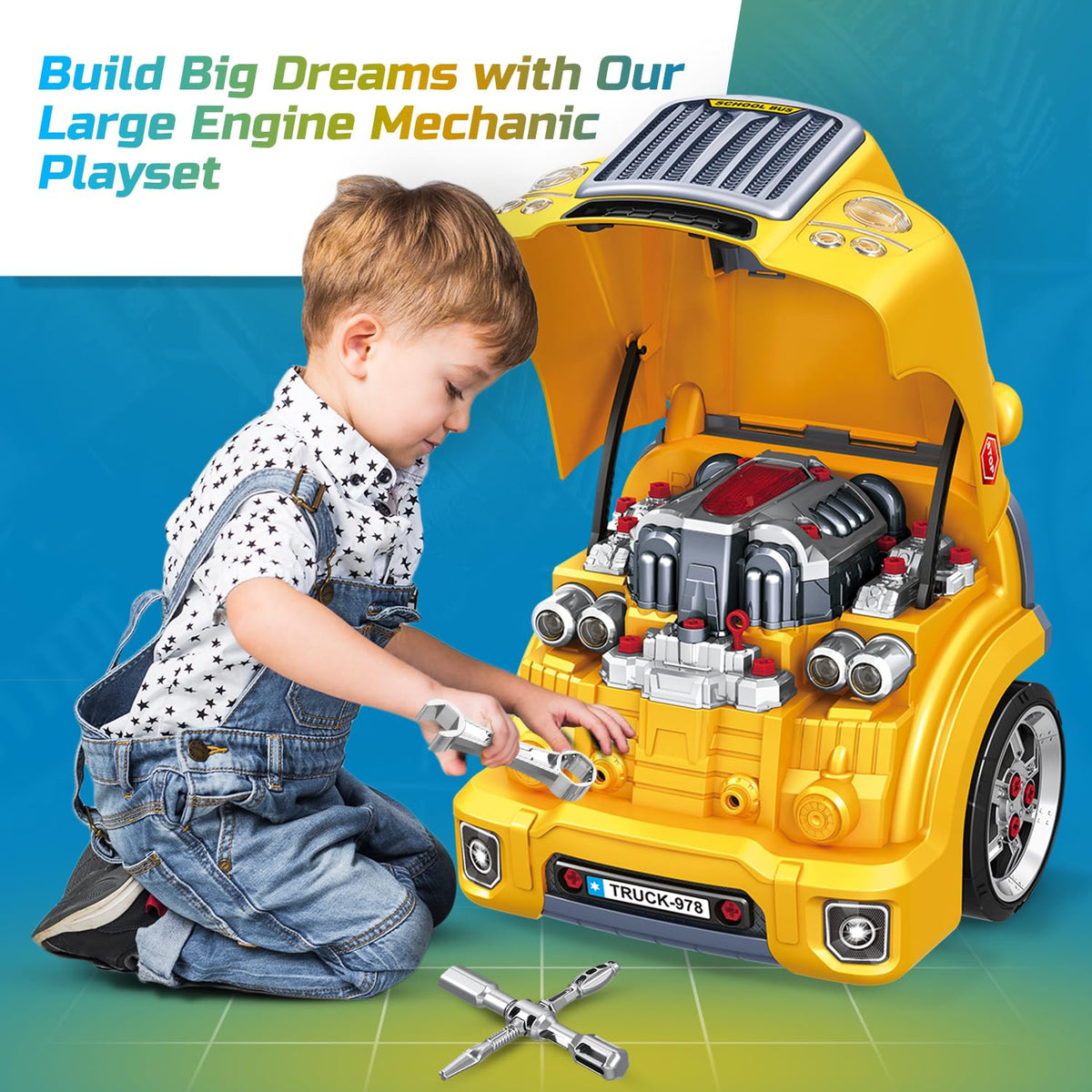 Mobius Toys Motor Engine Playset kid-friendly tools support safe, confident repairs.