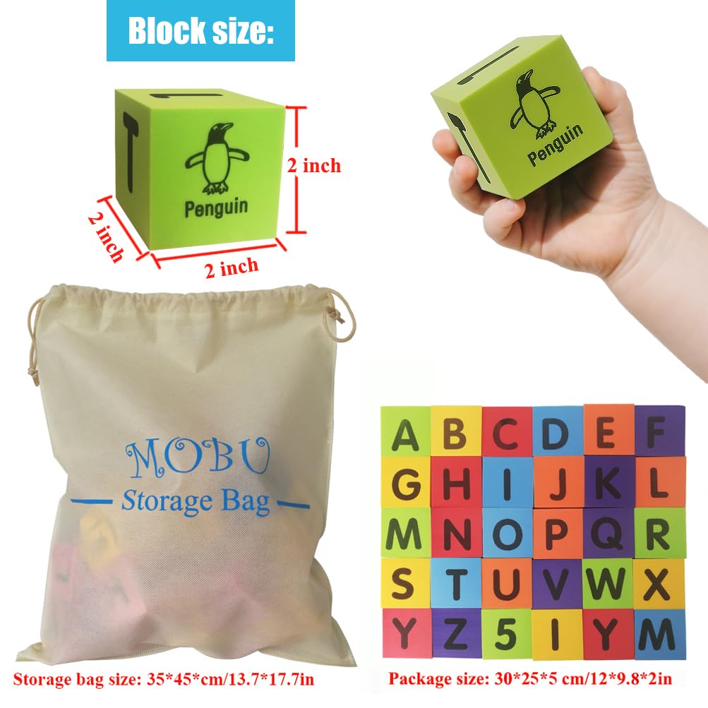 MOBU alphabet blocks showing letters to support early literacy during play.