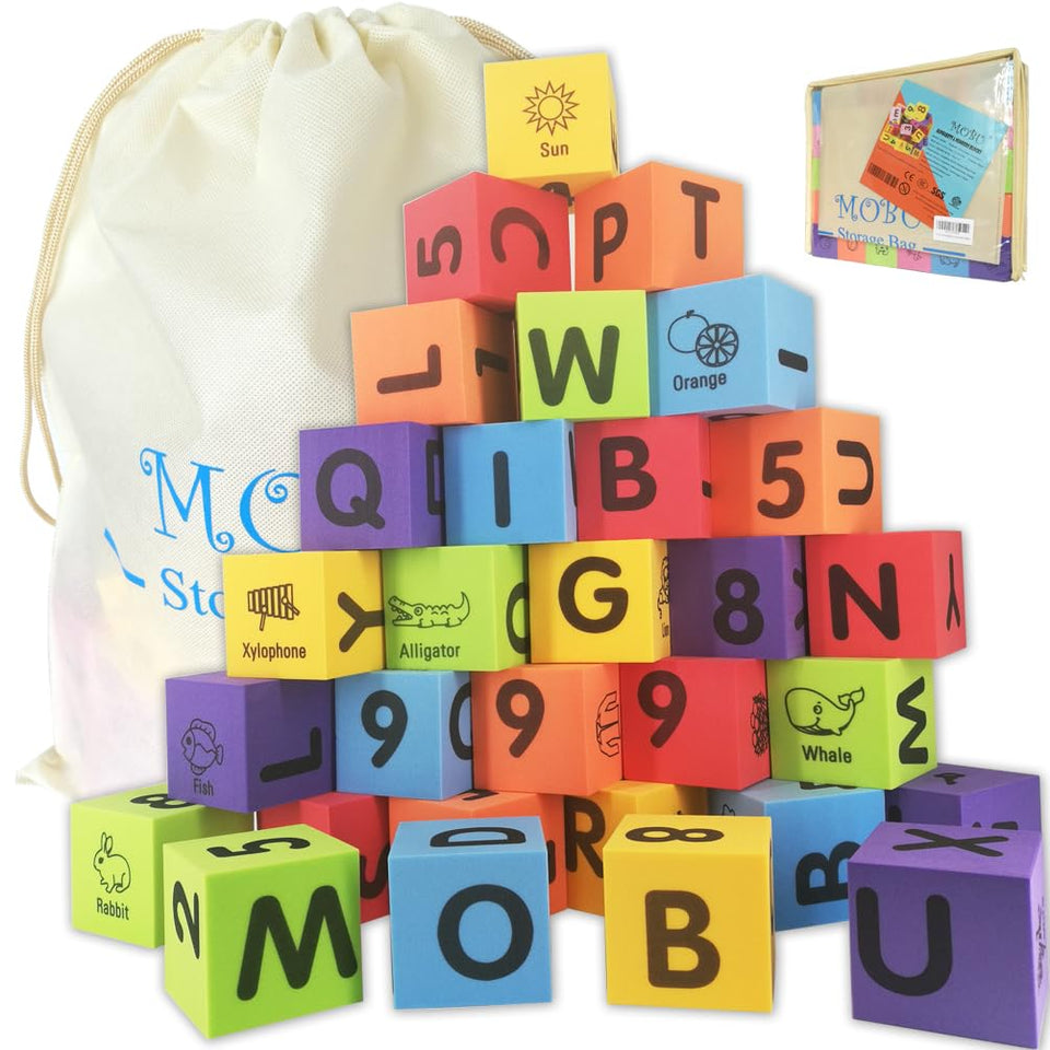 MOBU foam blocks for toddlers with storage bag for easy cleanup and play.
