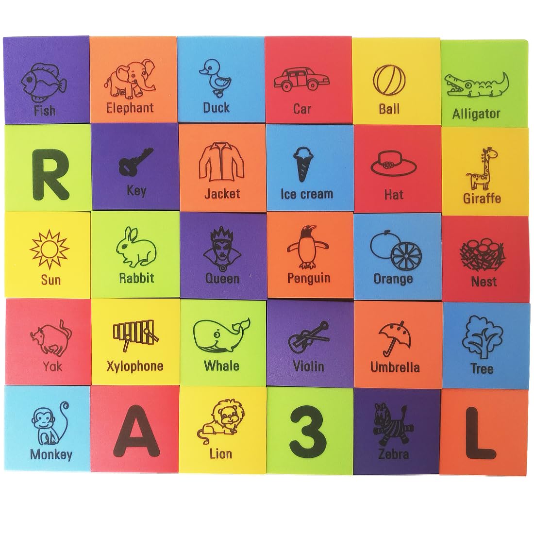 MOBU six-sided blocks printed with letters, numbers, words and pictures.
