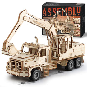 MOCBURIKU Excavator 3D puzzle, front view showing intricate wood parts for mindful building