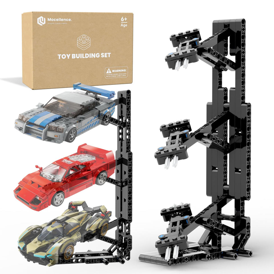 Mocellence 3-layer display stand front view showcases Lego Speed Champion cars clearly.