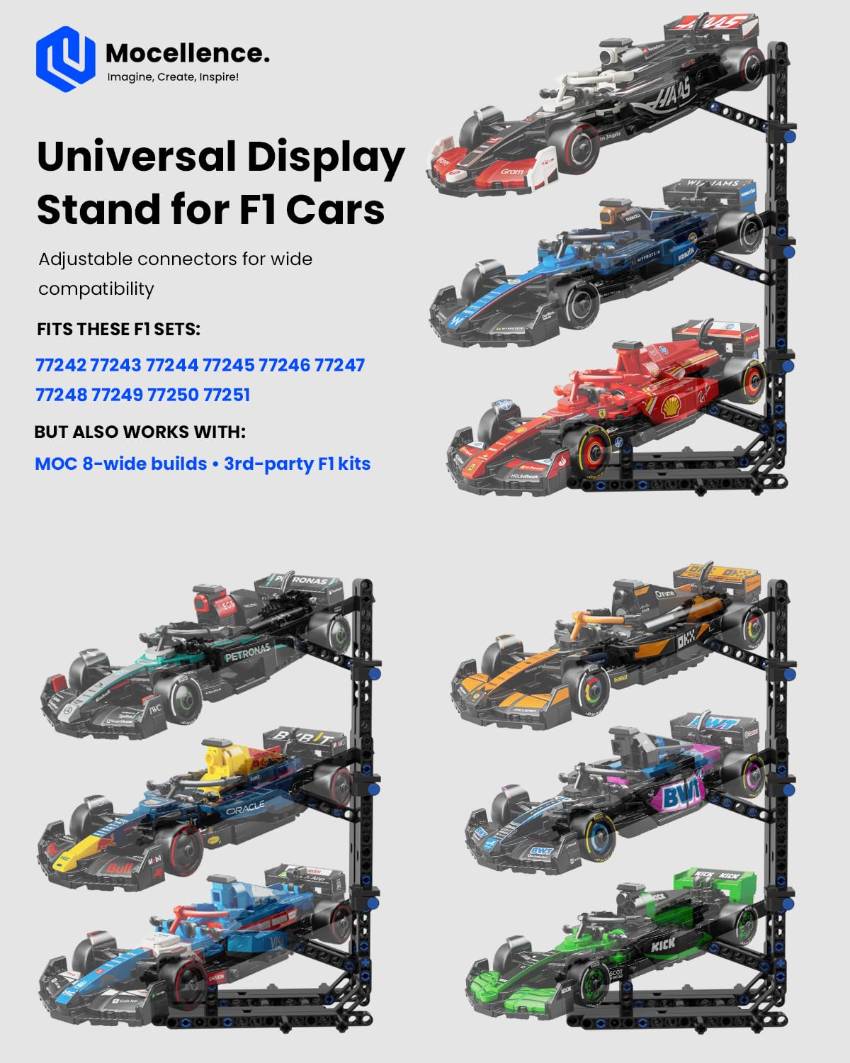 Mocellence display stand compatible with 8-stud cars for versatile collections.