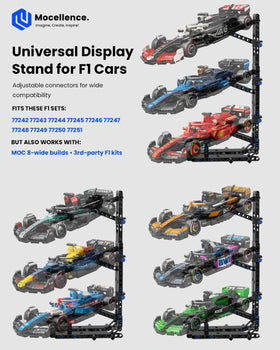 Mocellence display stand compatible with 8-stud cars for versatile collections.