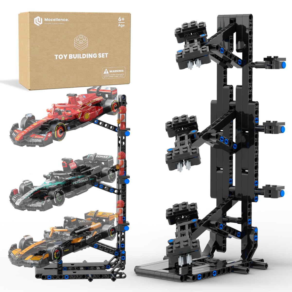 Mocellence display stand three-layer design keeps LEGO Speed Champions tidy and visible.
