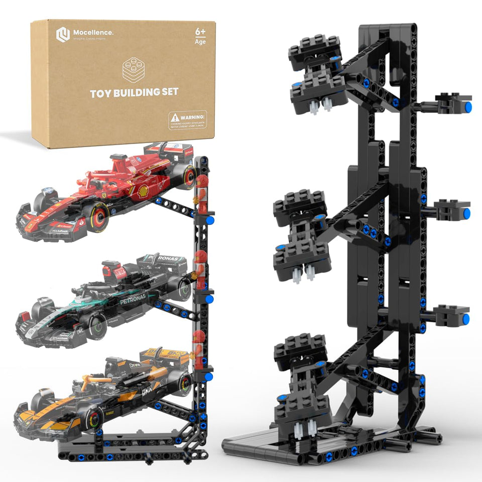Mocellence display stand three-layer design keeps LEGO Speed Champions tidy and visible.