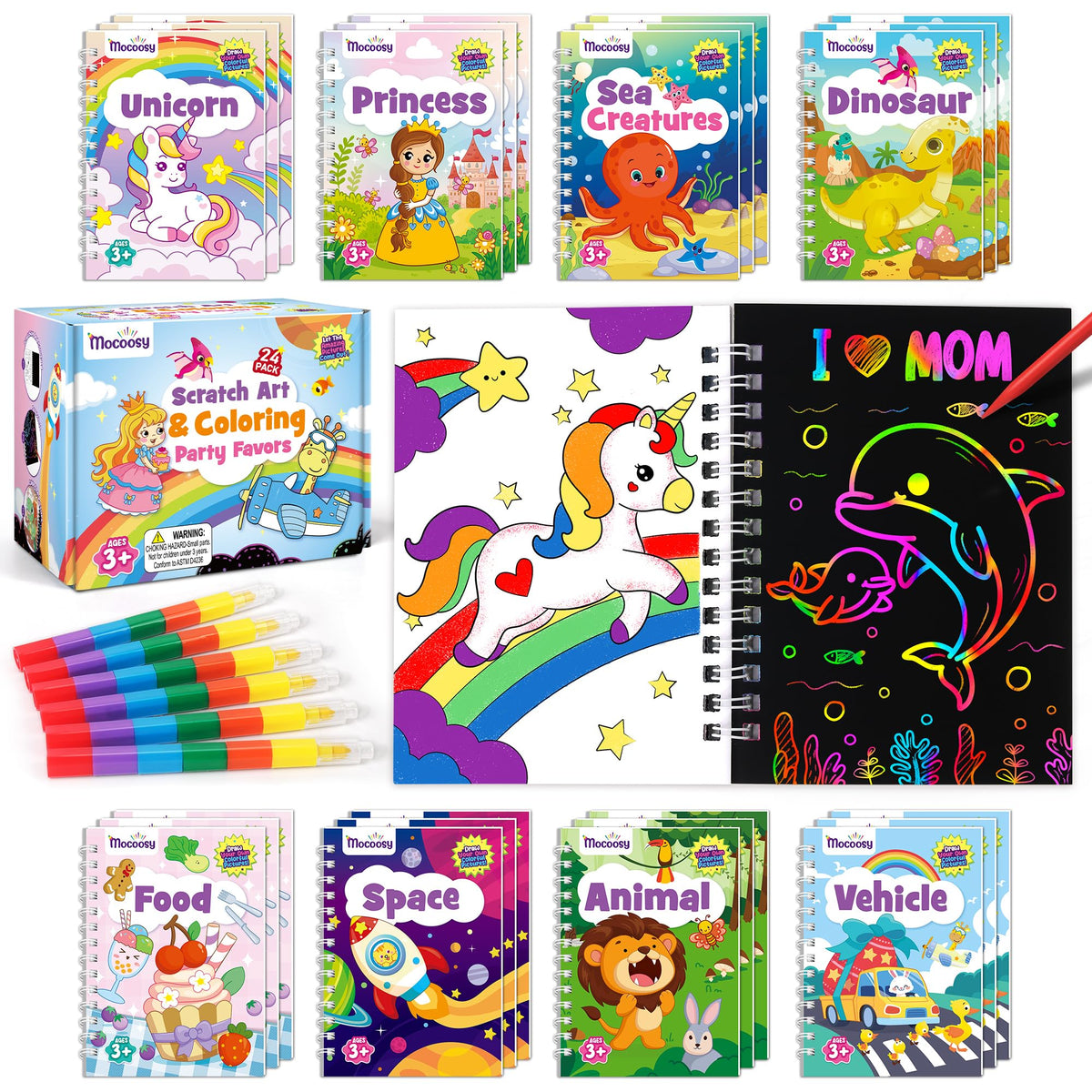 Mocoosy 24-scratch-art coloring book front cover, ideal for kids' party favors and creative play.