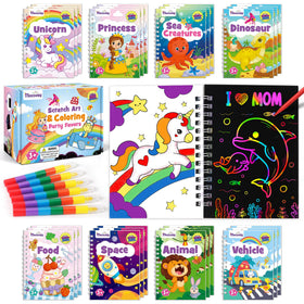 Mocoosy 24-scratch-art coloring book front cover, ideal for kids' party favors and creative play.