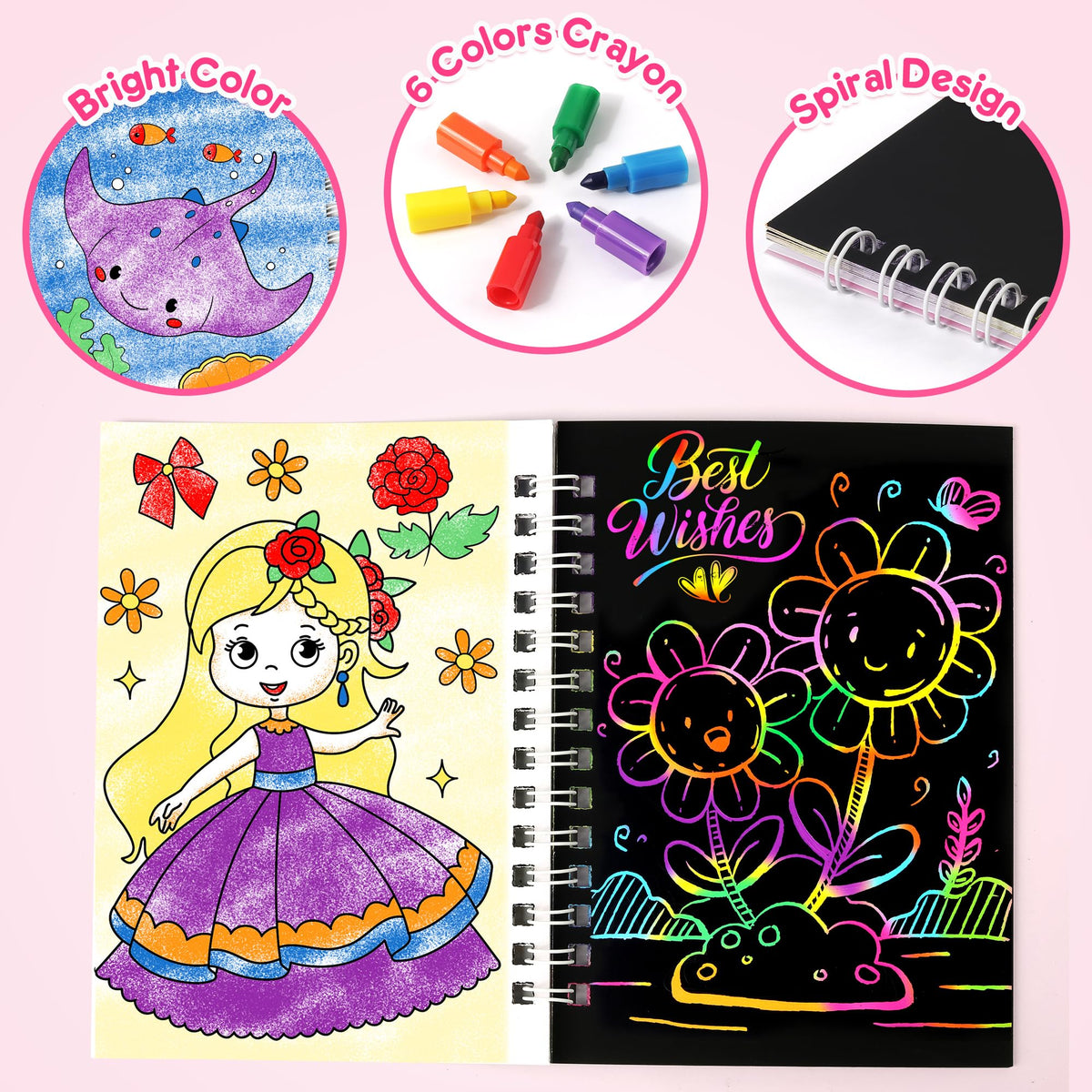 Mocoosy black scratch art paper surface reveals rainbow hues with a gentle scrape.