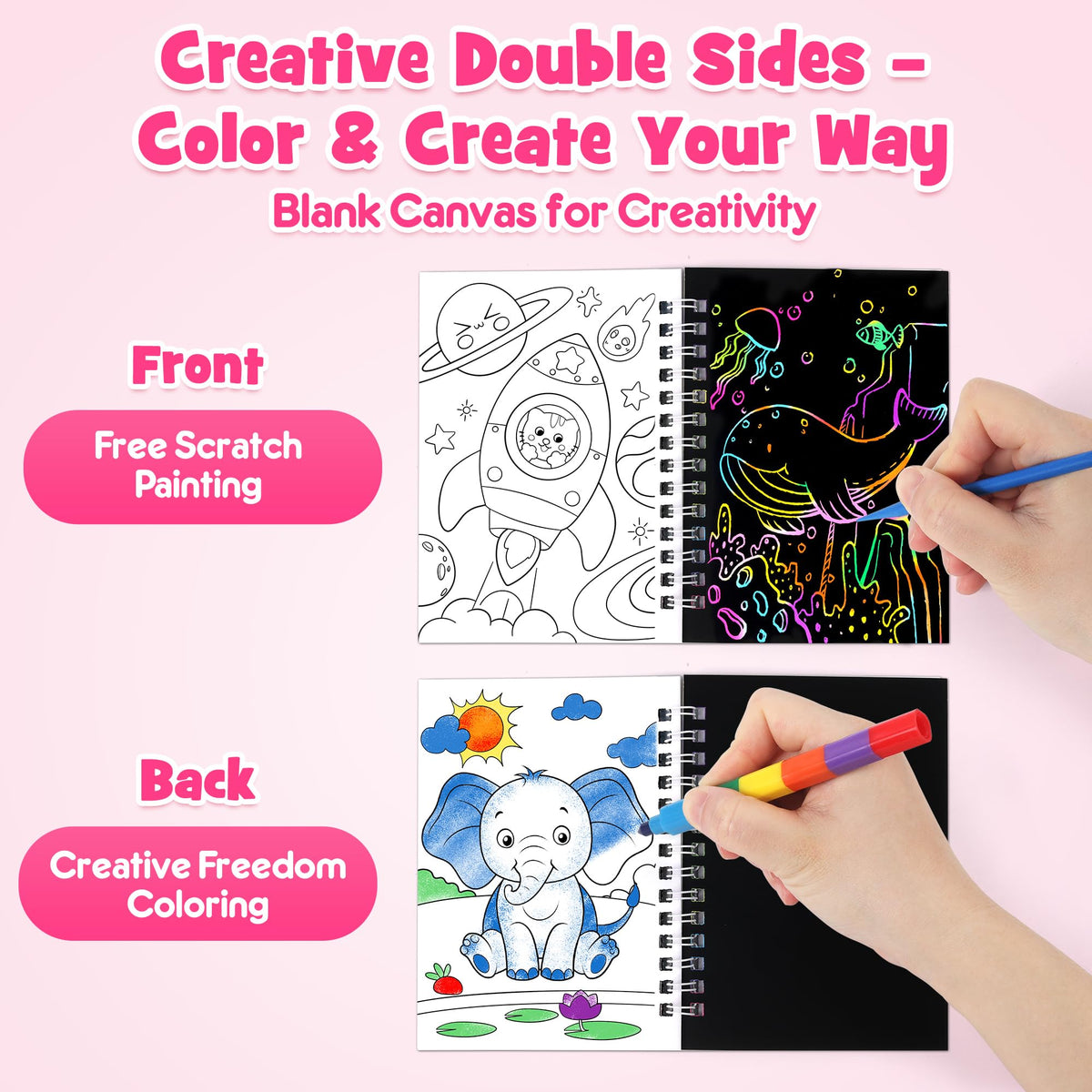 Mocoosy double-sided pages pair themed coloring with scratch art on the reverse.