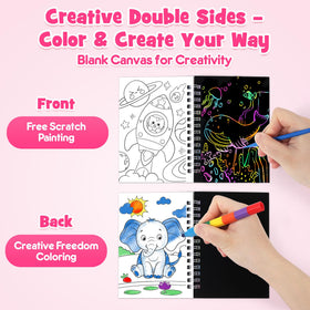 Mocoosy double-sided pages pair themed coloring with scratch art on the reverse.