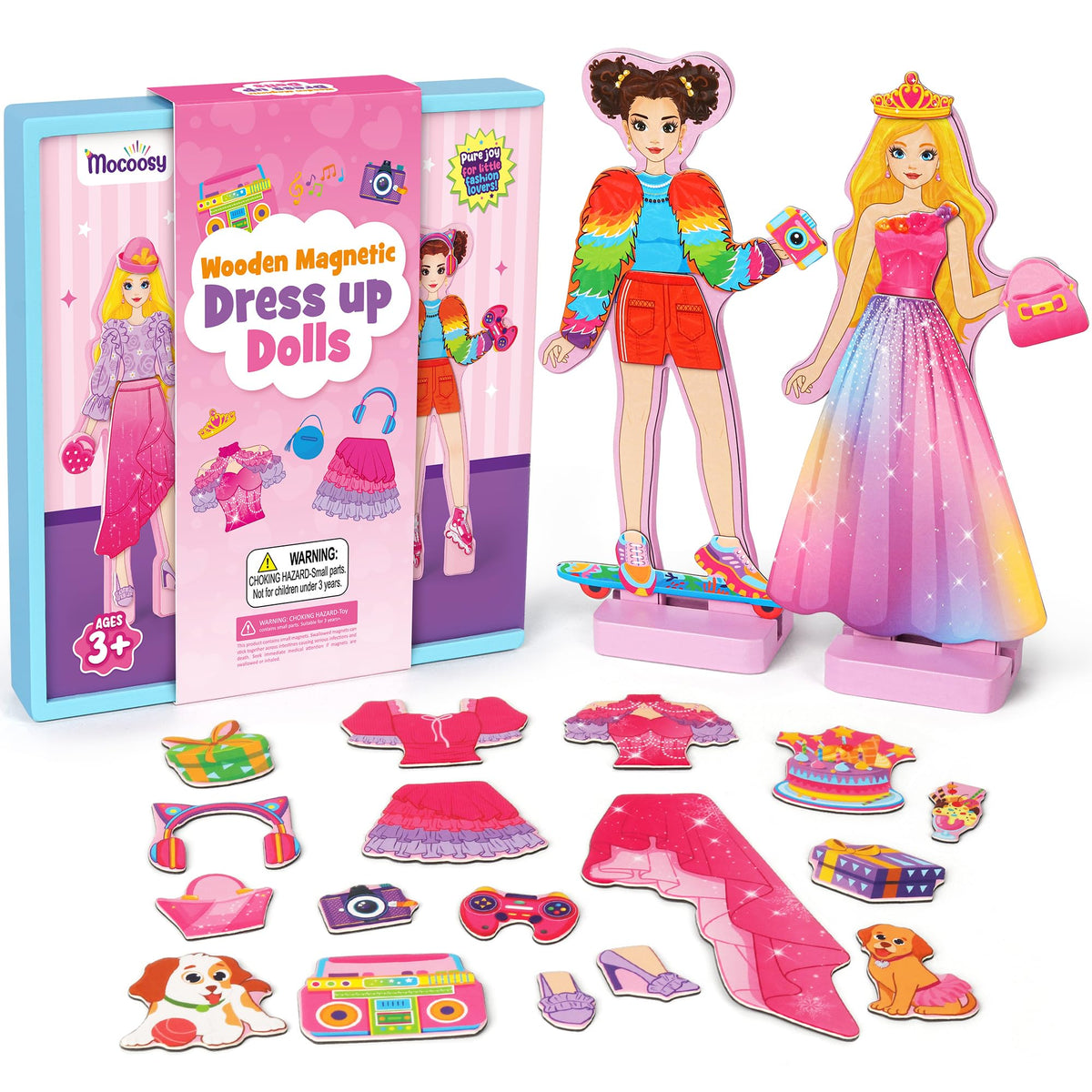 Mocoosy wooden dress-up dolls with magnetic outfits for creative play at home