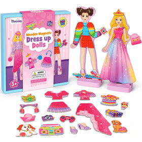 Mocoosy wooden dress-up dolls with magnetic outfits for creative play at home