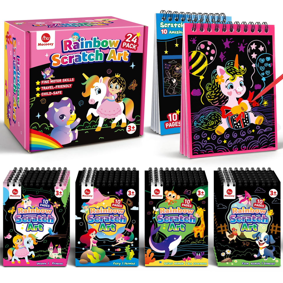Mocoosy scratch-art notebooks bulk pack displaying rainbow colors for kids