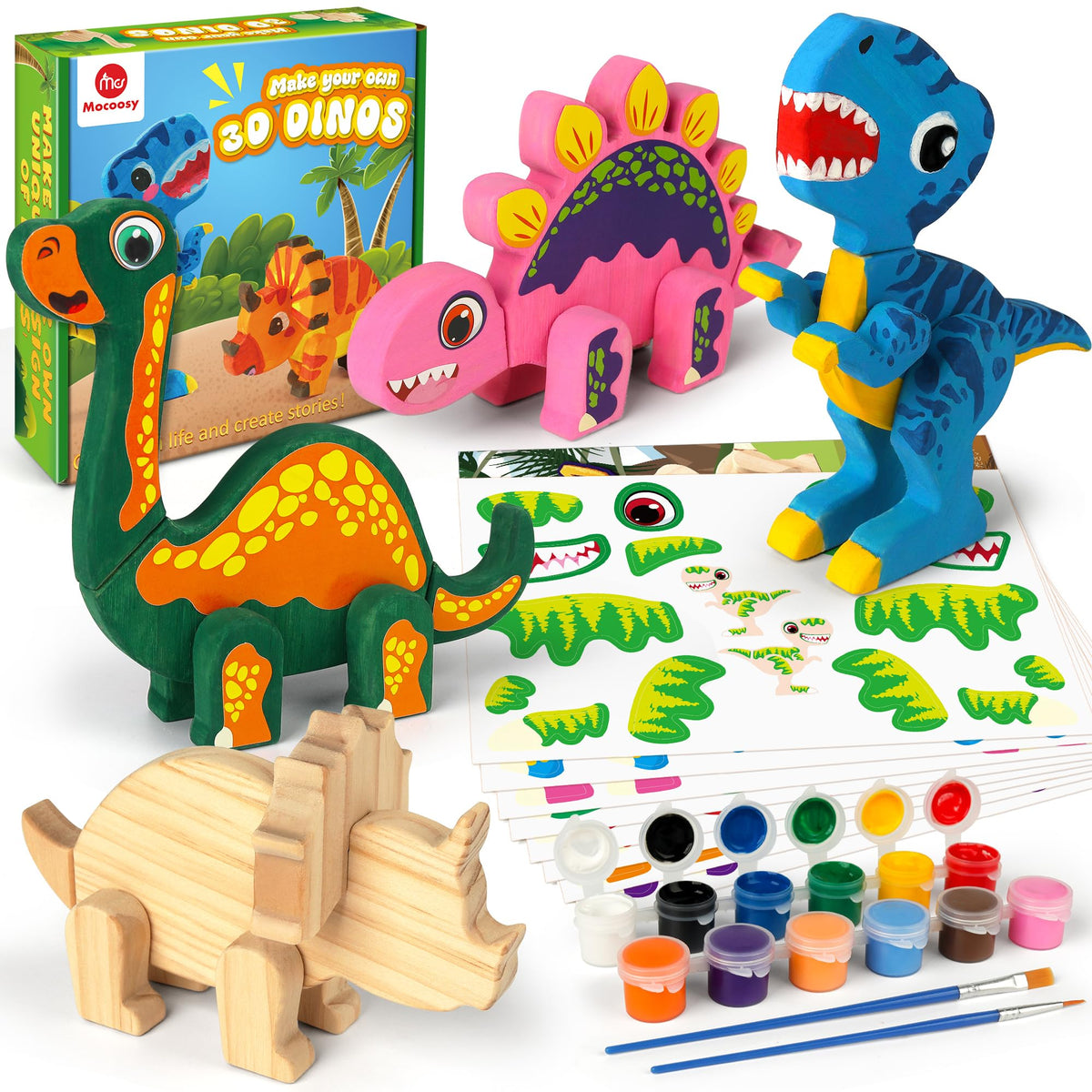 Mocoosy wooden dinosaur pieces for creative building play.
