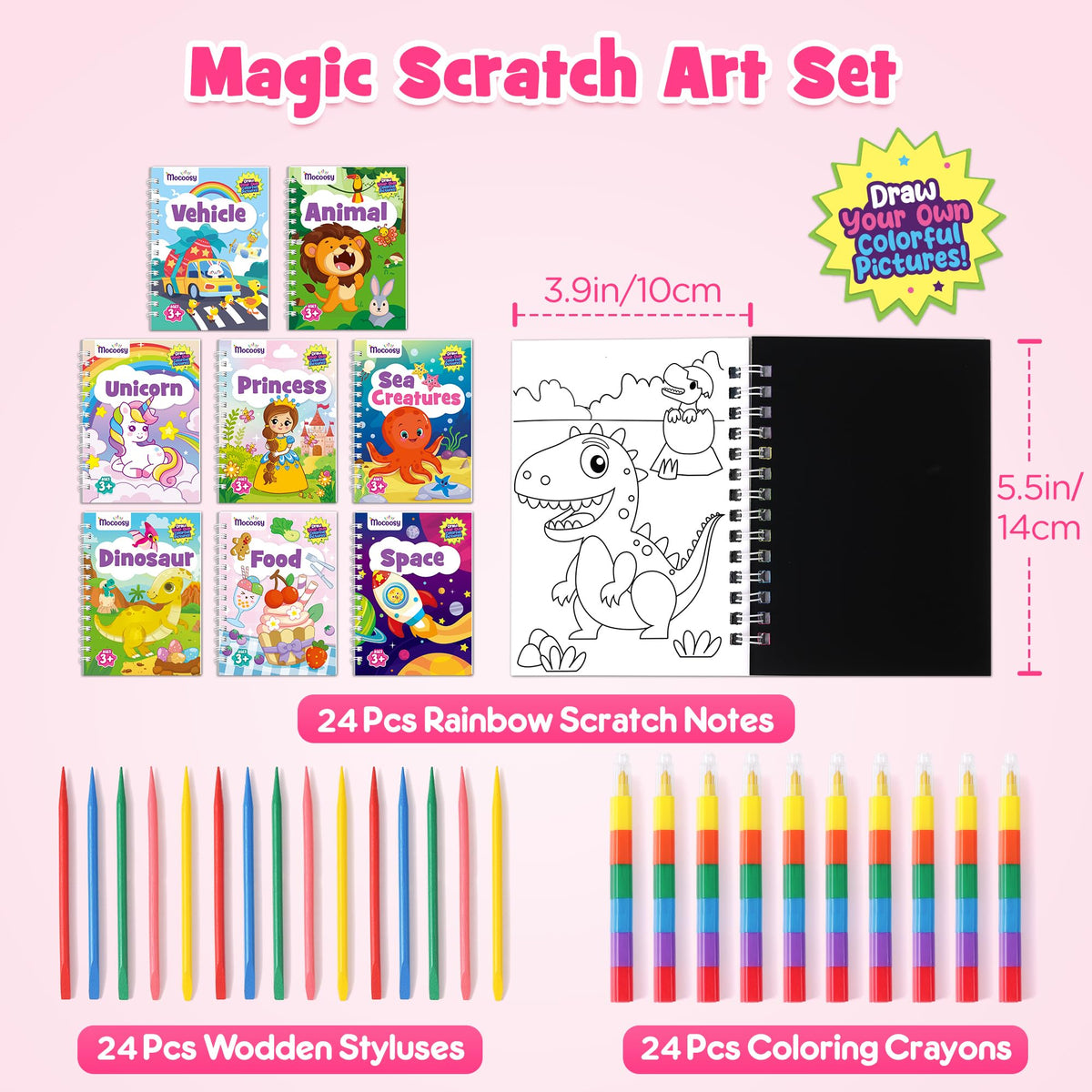 Mocoosy wooden styluses accompany the scratch art, enabling smooth reveals of rainbow colors.