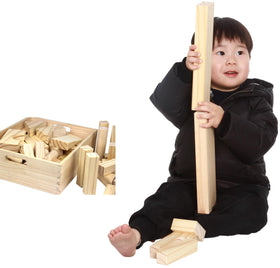 MOD Complete Montessori-style blocks stored in a wooden tray for easy cleanup