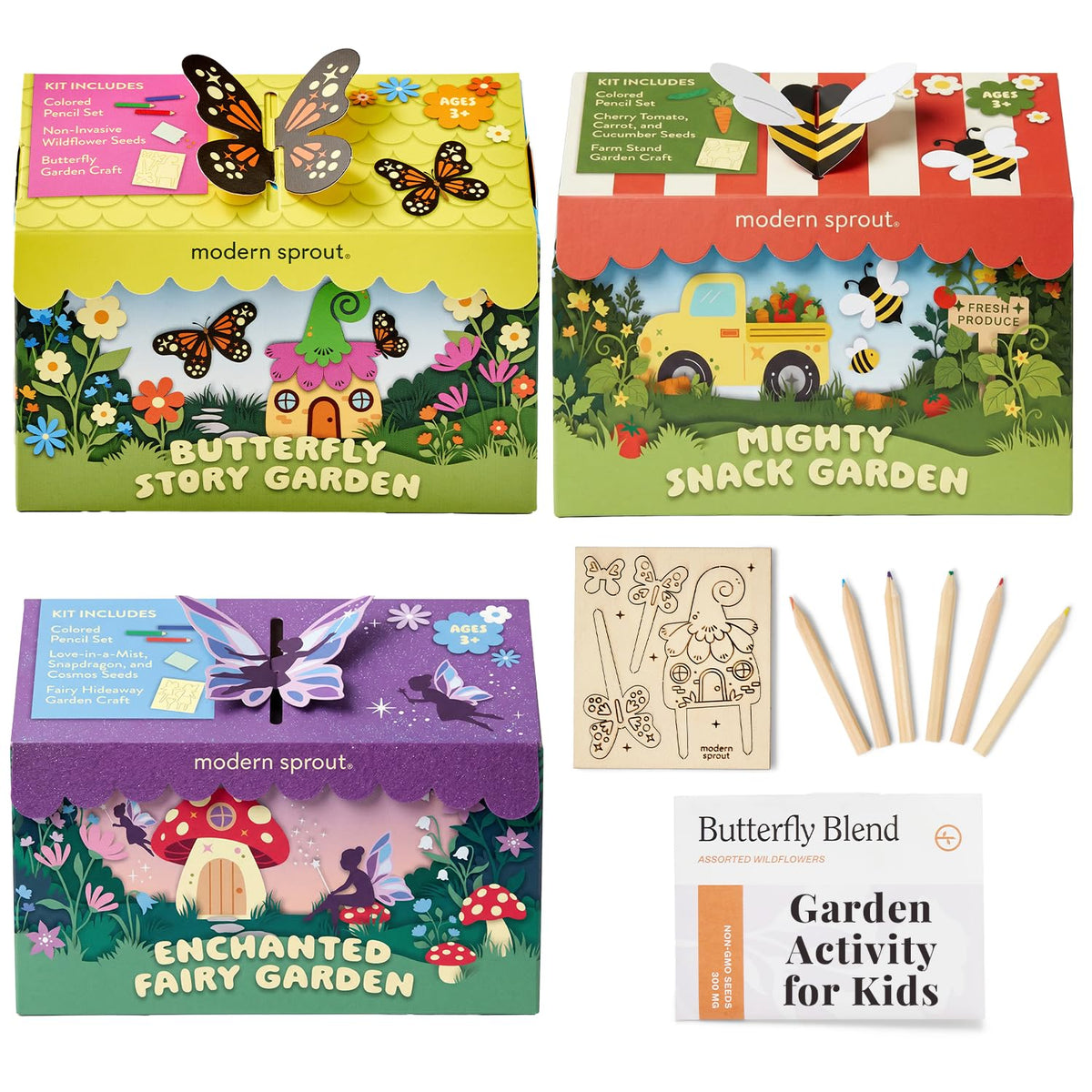 Modern Sprout Magical Minds wooden figurines for kids' garden crafting and imaginative play.