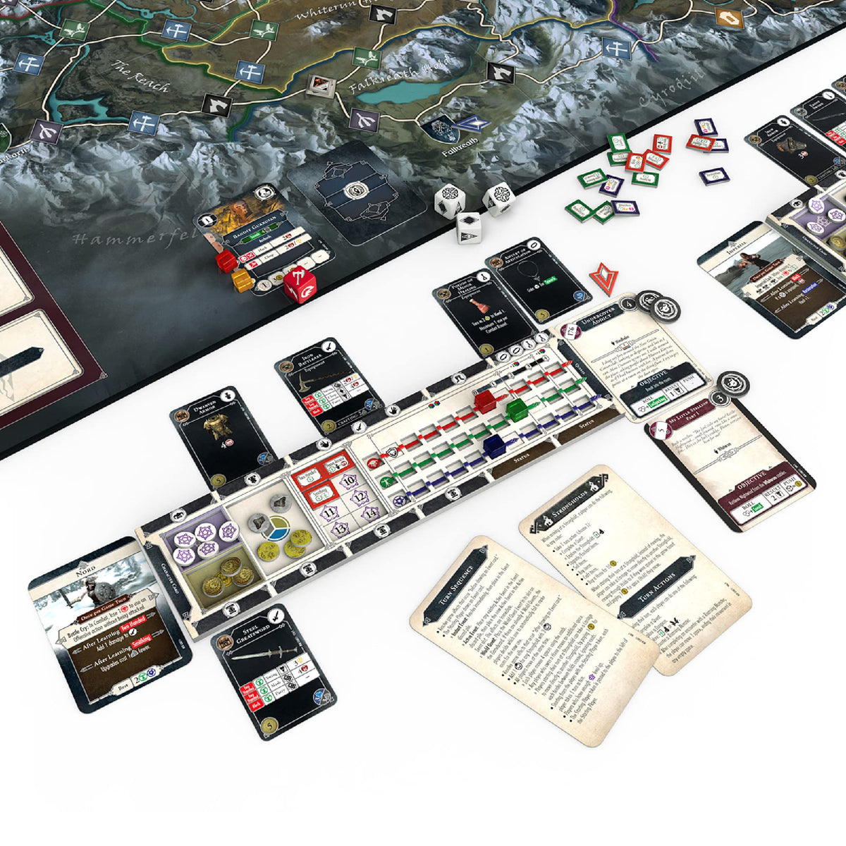Modiphius Skyrim Adventure Game components spread for clear setup and quick play