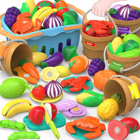MOEAWS cutting play food set in a shopping basket for safe pretend kitchen fun