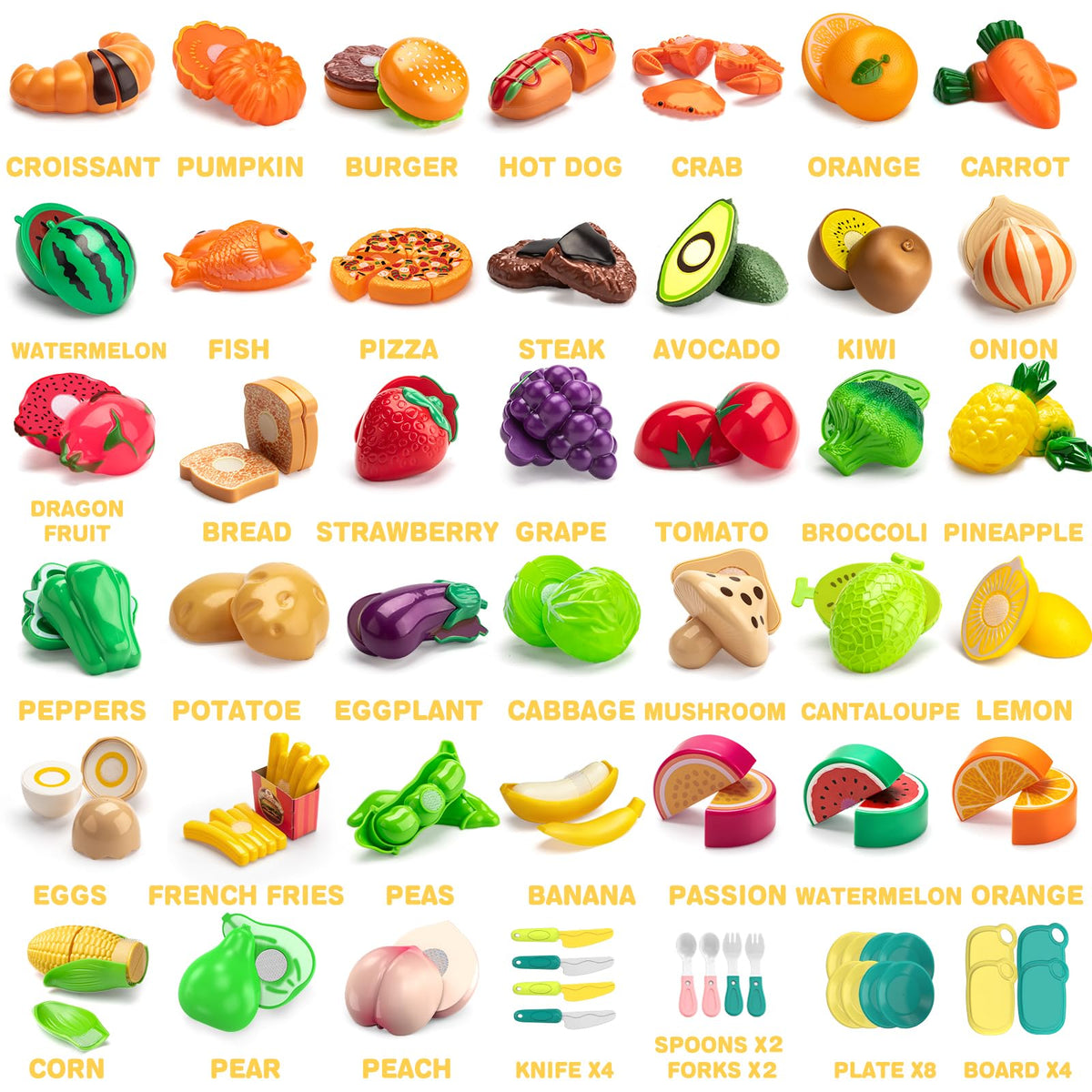 MOEAWS 115-piece play food collection ready for classroom learning and home kitchen pretend.