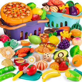 MOEAWS cutting play food set with purple and blue baskets for shared pretend play.