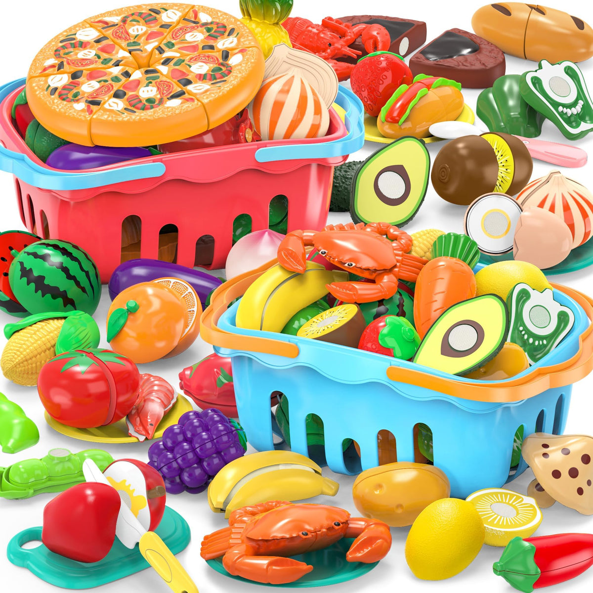 MOEAWS cutting play food set with two baskets encourages shared pretend play.