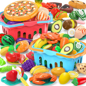 MOEAWS cutting play food set with two baskets encourages shared pretend play.