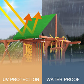 MOFEEZ tarp installed on wooden play set showing secure stud attachment.