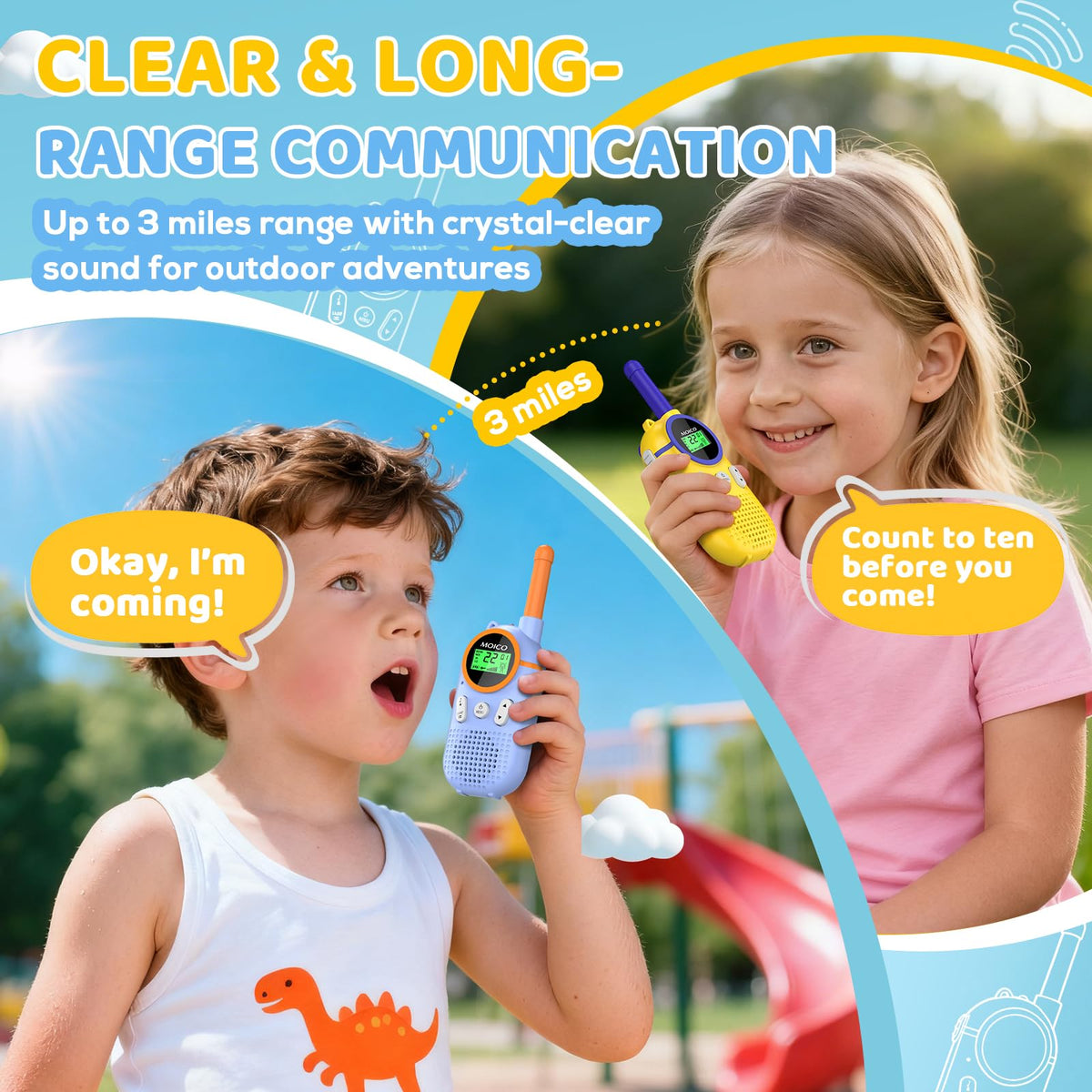 MOICO walkie talkie with rechargeable battery for long-lasting outdoor play.