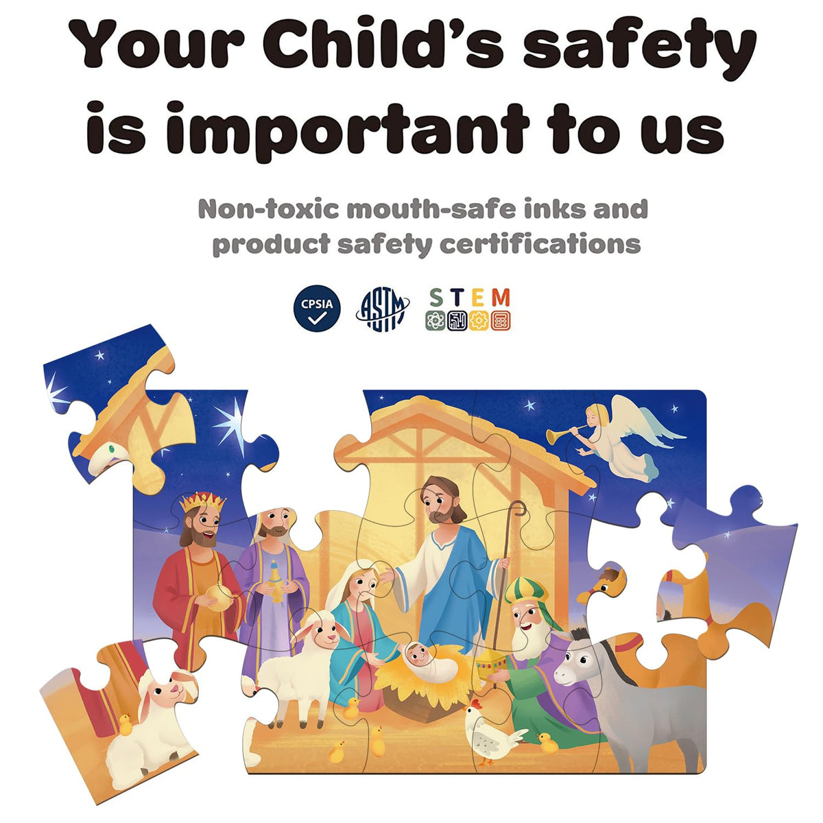 Safety and compliance tag on MoinKidz puzzle packaging
