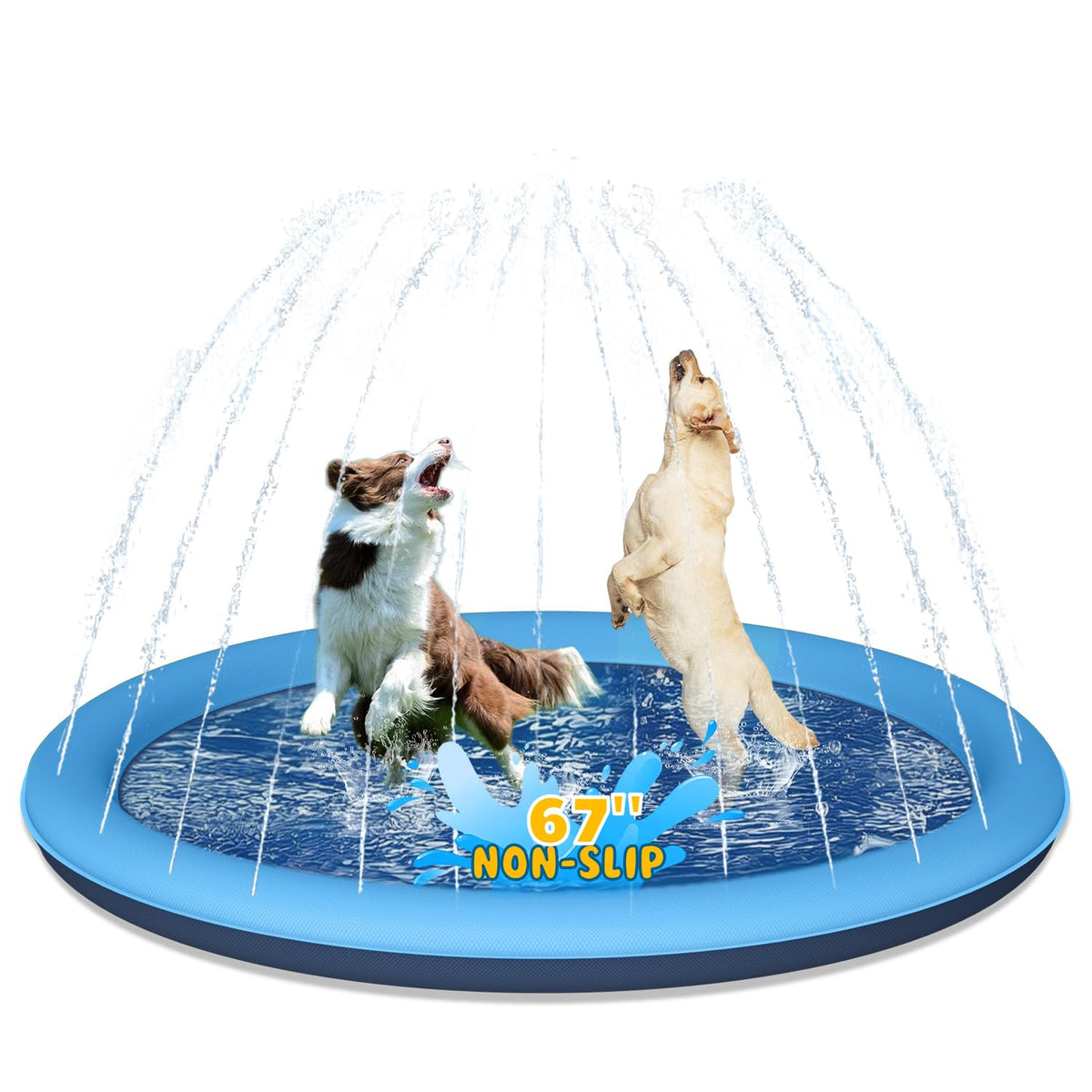 Moinmoly dog splash pad 67-inch offers durable outdoor fun for pets and kids.