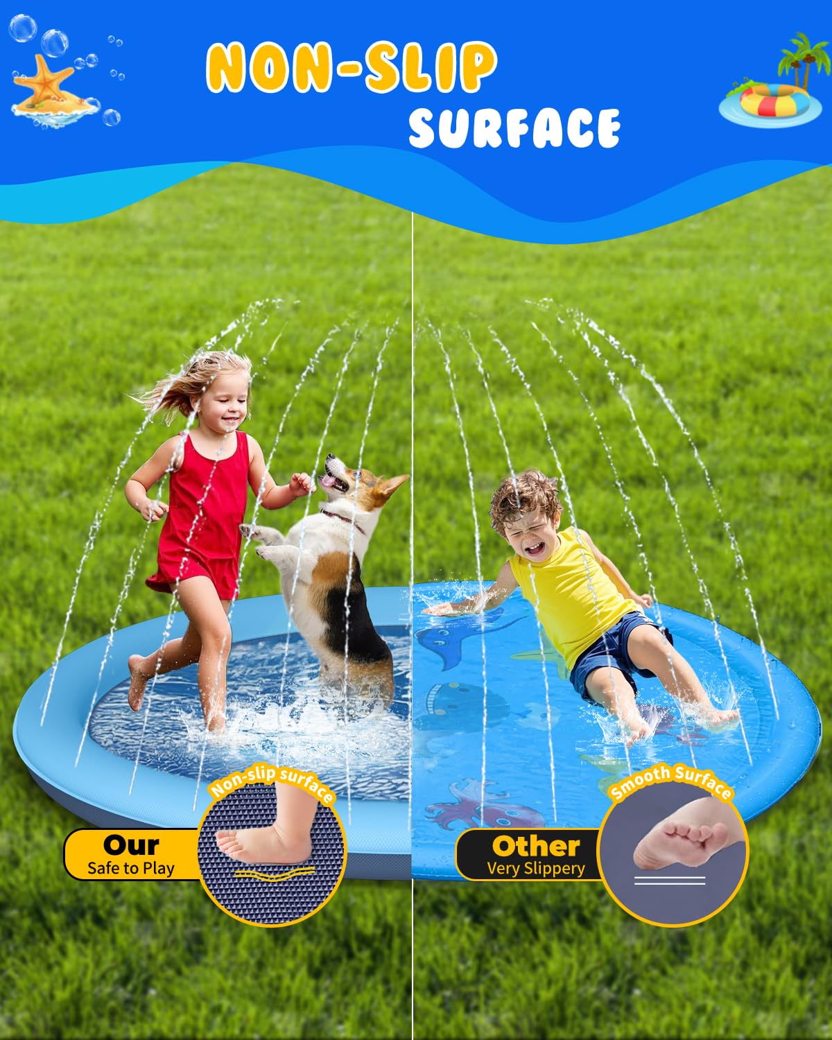 Moinmoly non-slip textured surface keeps pets steady during watery play outside.