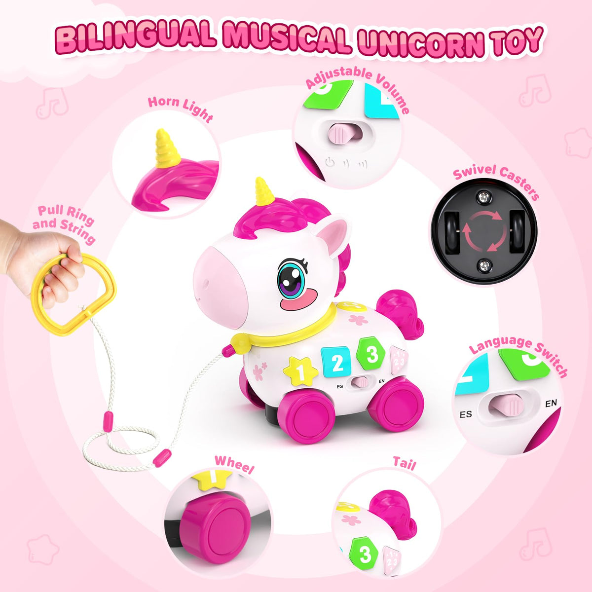 MOISTAR unicorn pull cord toy supports walking practice and control