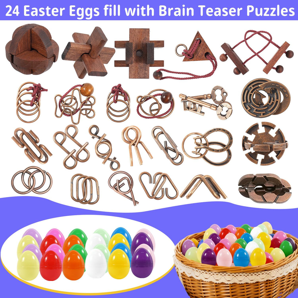 Mojimky brain teaser puzzles inside eggs—metal and wood pieces spark thinking