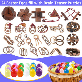 Mojimky brain teaser puzzles inside eggs—metal and wood pieces spark thinking