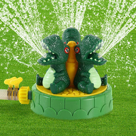 MoKo Dinosaur Sprinkler front view spraying water from the mouth for backyard fun