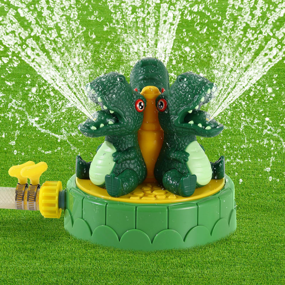 MoKo Dinosaur Sprinkler front view spraying water from the mouth for backyard fun