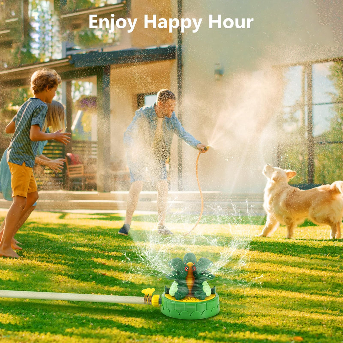 MoKo Dinosaur Sprinkler with kids playing under a refreshing spray
