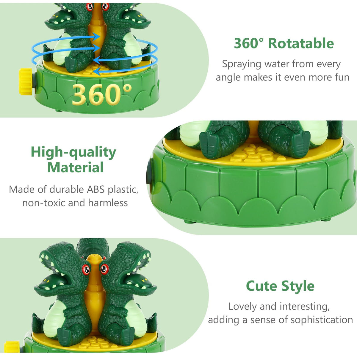 MoKo Dinosaur Sprinkler shows three nozzles for varied water effects
