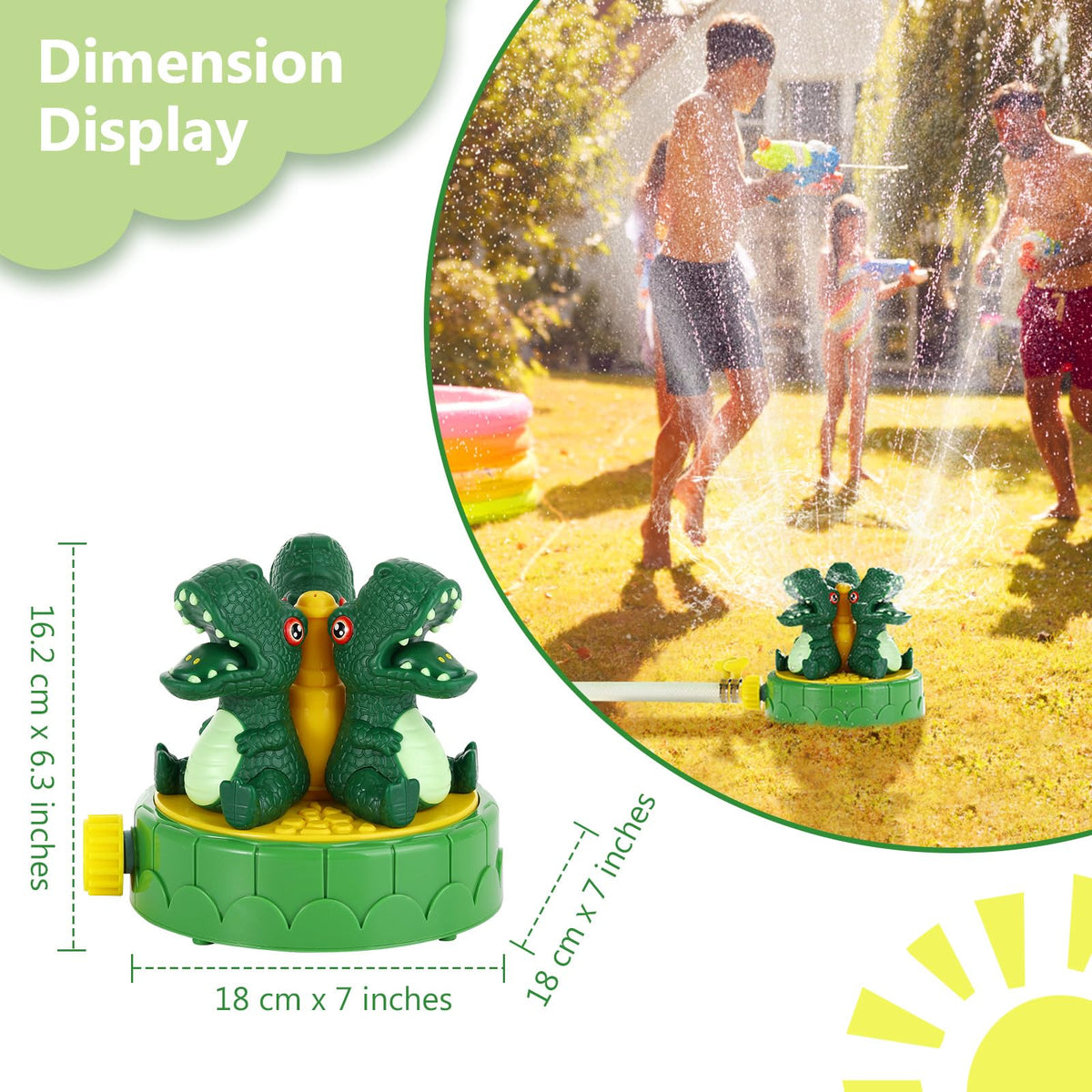 MoKo Dinosaur Sprinkler with two hose clamps for a secure, leak-free connection